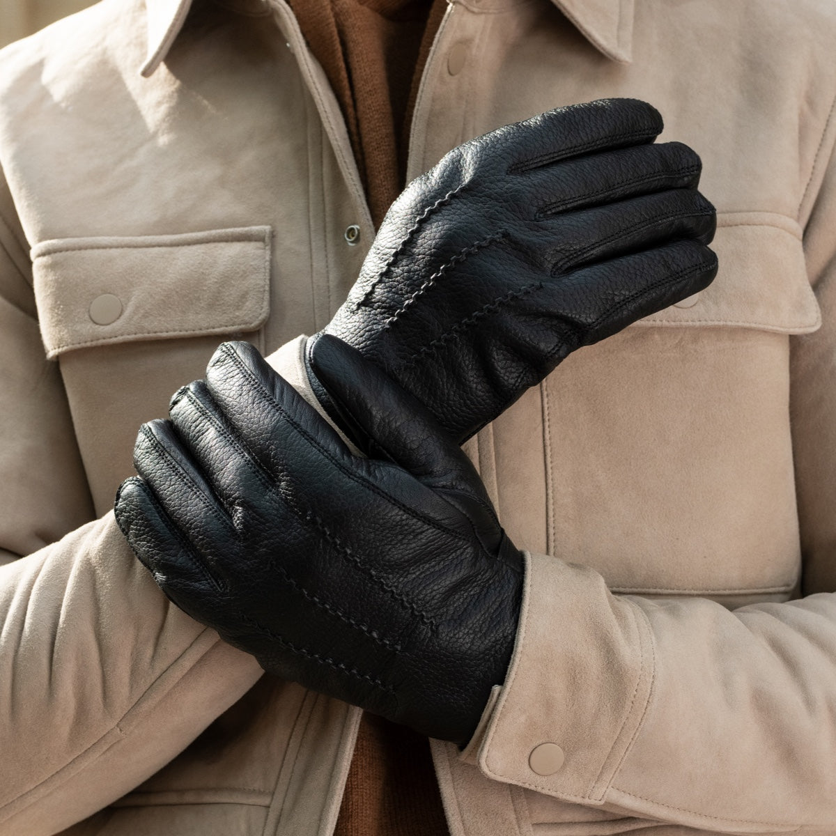 William (black) - goatskin leather gloves with warm fleece lining and press-stud - Schwartz & von Halen - EU - 5