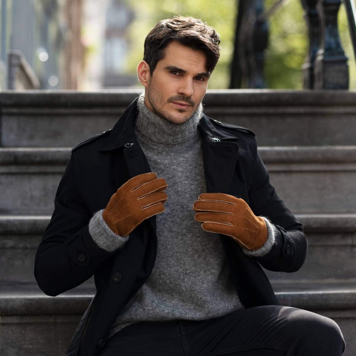 Clooney (camel) - suede leather gloves with luxurious sheep fur lining - Schwartz & von Halen - EU - 5