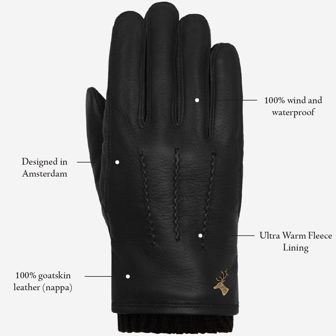 William (black) - goatskin leather gloves with warm fleece lining and press-stud - Schwartz & von Halen - EU - 9