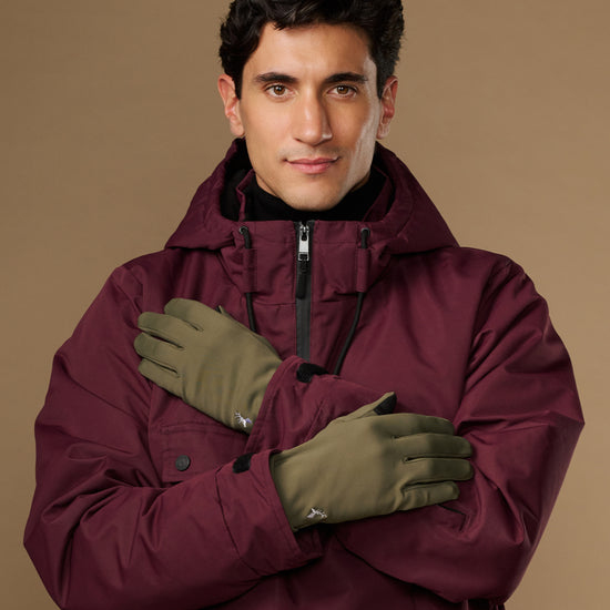 Men's olive green lightweight activity gloves with sports watch opening