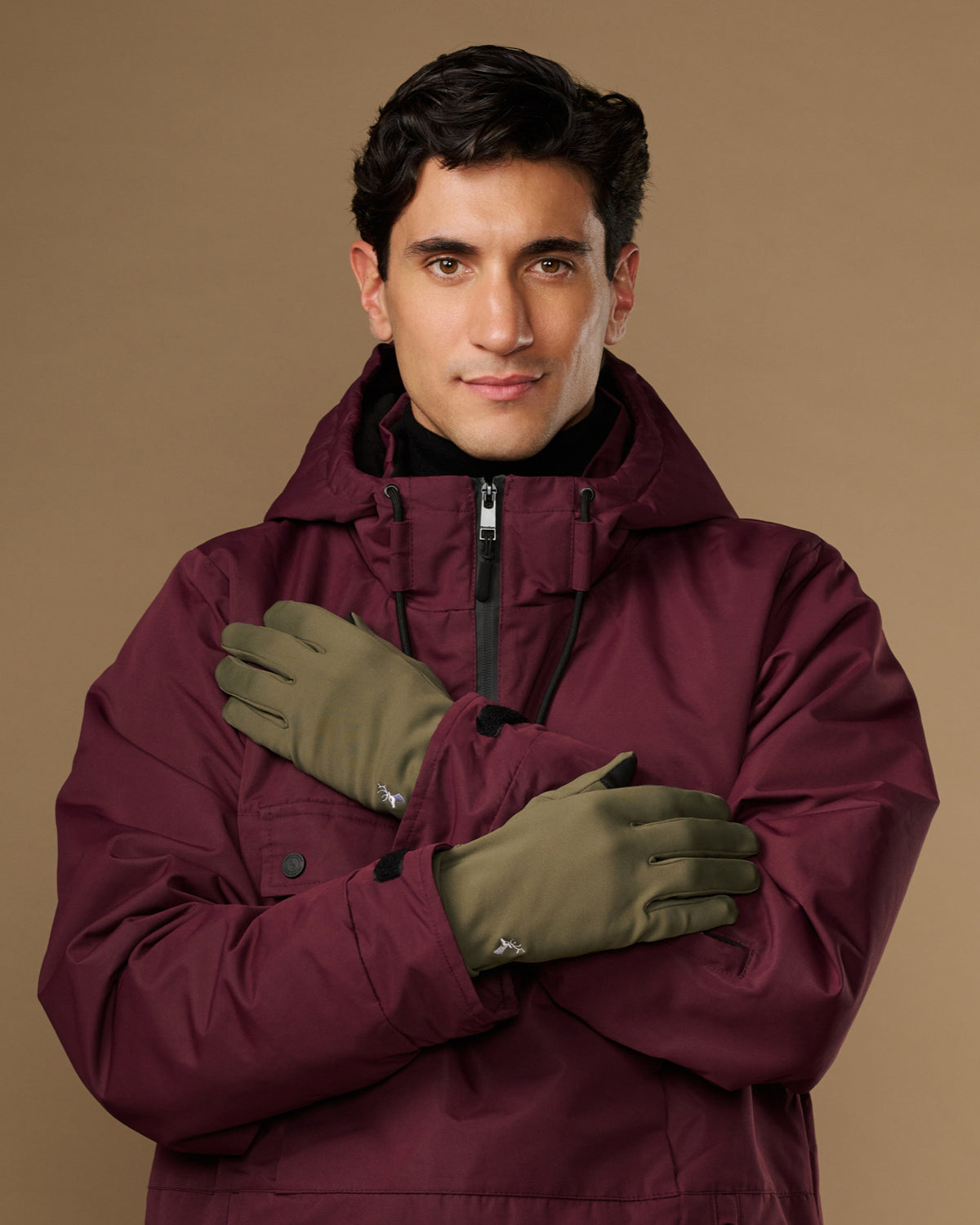 Men's olive green lightweight activity gloves with sports watch opening