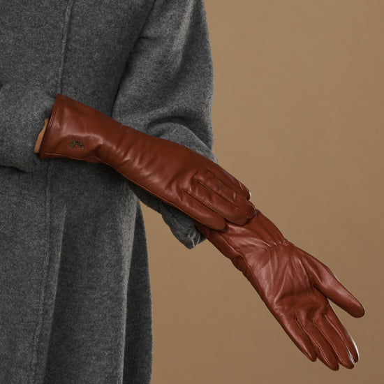 Extra-long cognac leather gloves with stitched fingertips and smooth palm