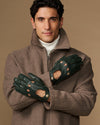 Men’s dark green lambskin driving gloves with perforated knuckles and touchscreen tips