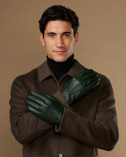 Men's dark green leather gloves, full hand coverage with stitched seams