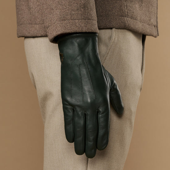 Dark green Jake sheepskin gloves with warm fleece lining, cuff and palm view