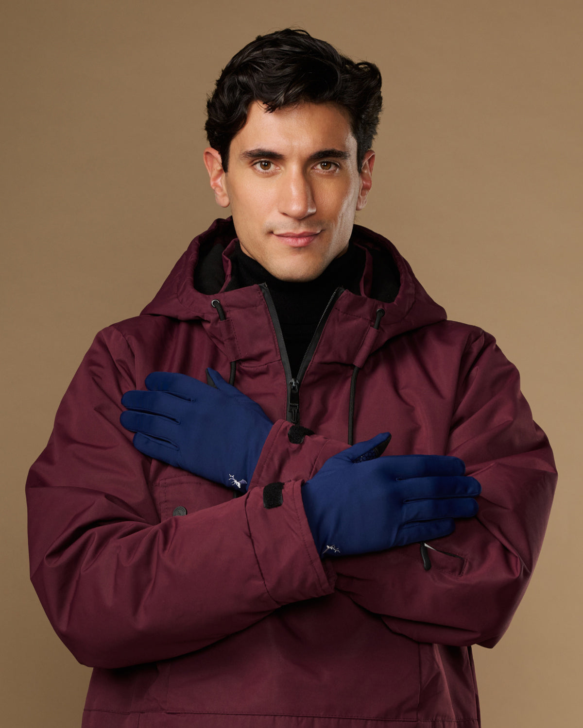 Blue activity gloves shown on a model, palms facing inward