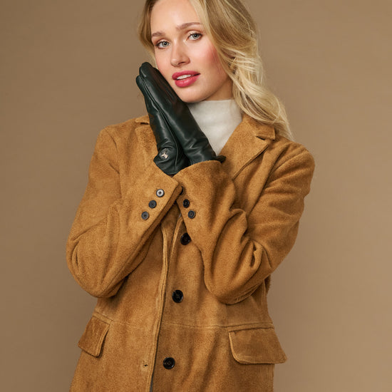Dark green leather gloves with stitched detailing, snug cuffs, and touchscreen fingertips