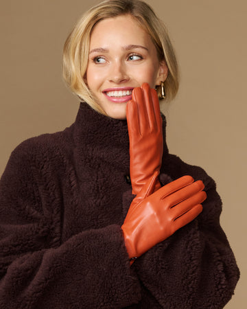 Lauren orange lambskin leather gloves with touchscreen tips, silk-lined, cuffed