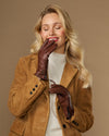 Women’s brown leather gloves with cashmere lining, side zip, touchscreen