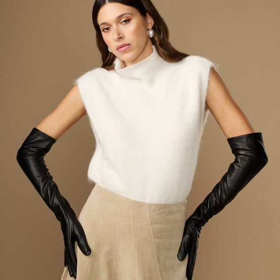 Black lambskin leather opera gloves with silk lining, long wrist-length cuffs