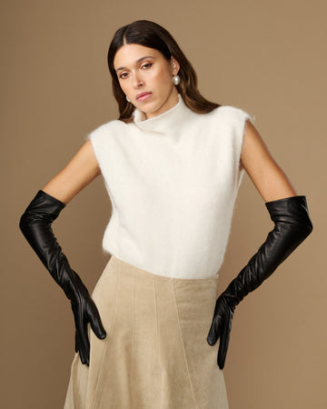 Black lambskin leather opera gloves with silk lining, long wrist-length cuffs