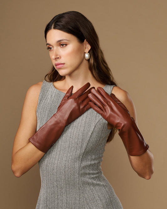 Rosemary Mid-forearm (marron châtaigne) - Gants pour femme en cuir d’agneau avec doublure en soie & fonction tactile