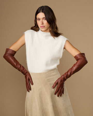 Chestnut brown lambskin opera gloves, long length with smooth finish and stitched seams