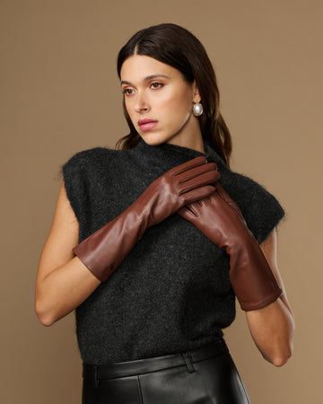 Rosemary Mid-forearm (marron chocolat) - Gants pour femme en cuir d’agneau avec doublure en soie & fonction tactile