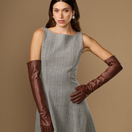 Women's chocolate-brown lambskin leather gloves, long cuff and smooth stitched fingers