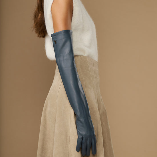 Women's grey lambskin leather gloves with silk lining and touchscreen fingertips