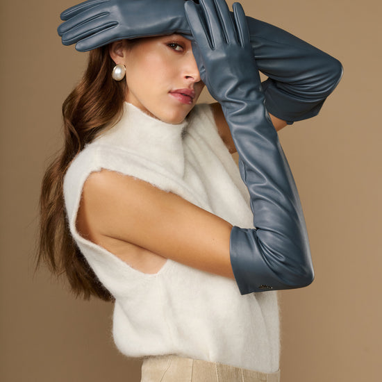Women's grey leather gloves with silk lining; touchscreen fingertips, cuff-to-wrist fit