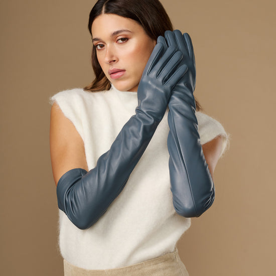 Women's grey leather gloves with silk lining and touchscreen fingertips, long fitted cuffs