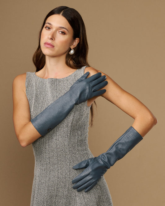 Women’s grey below-elbow leather gloves with smooth finish and fitted cuffs