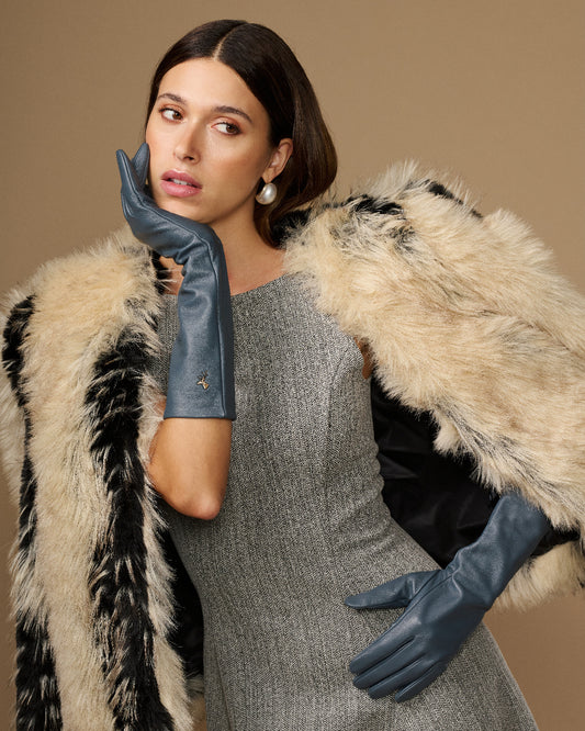 Women’s grey below-elbow leather gloves with slim seams and long cuff