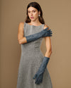 Women’s grey below-elbow leather gloves with long cuffs and curved finger shaping