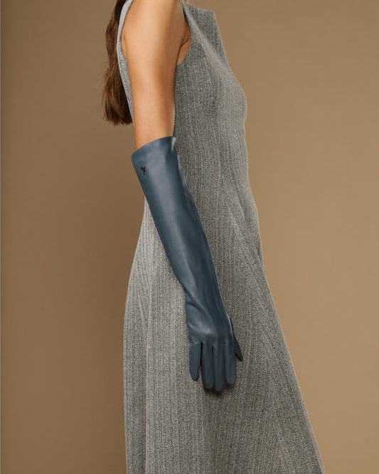 Dark blue elbow-length leather glove, side view with long cuff