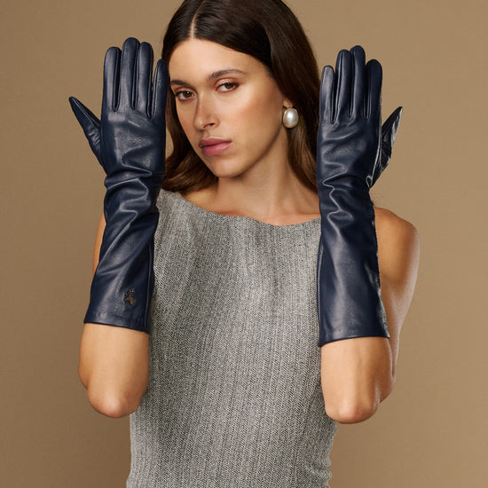Women’s dark blue below-elbow lambskin gloves, smooth leather with stitched finger panel