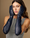 Women's blue lambskin elbow-length leather gloves with smooth knuckle panels