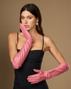 Pink lambskin gloves with touchscreen fingertips and gathered long cuff