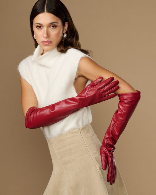 Red lambskin leather elbow gloves with soft light lining