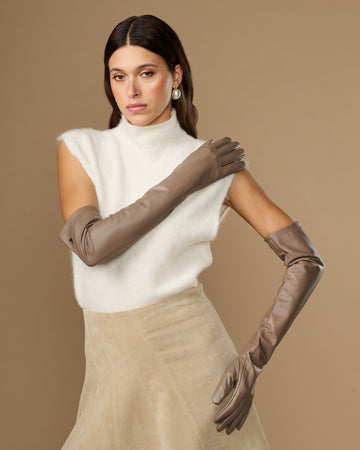 Taupe lambskin leather opera gloves, long cuff, smooth finish on both hands