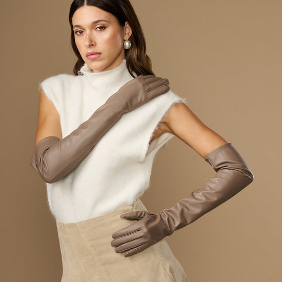 Taupe lambskin leather opera gloves, long cuffs and tapered finger shape