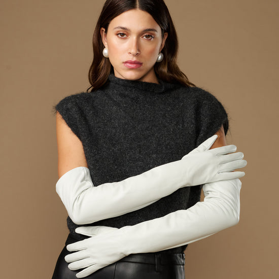 Women's white leather opera gloves with smooth matte finish
