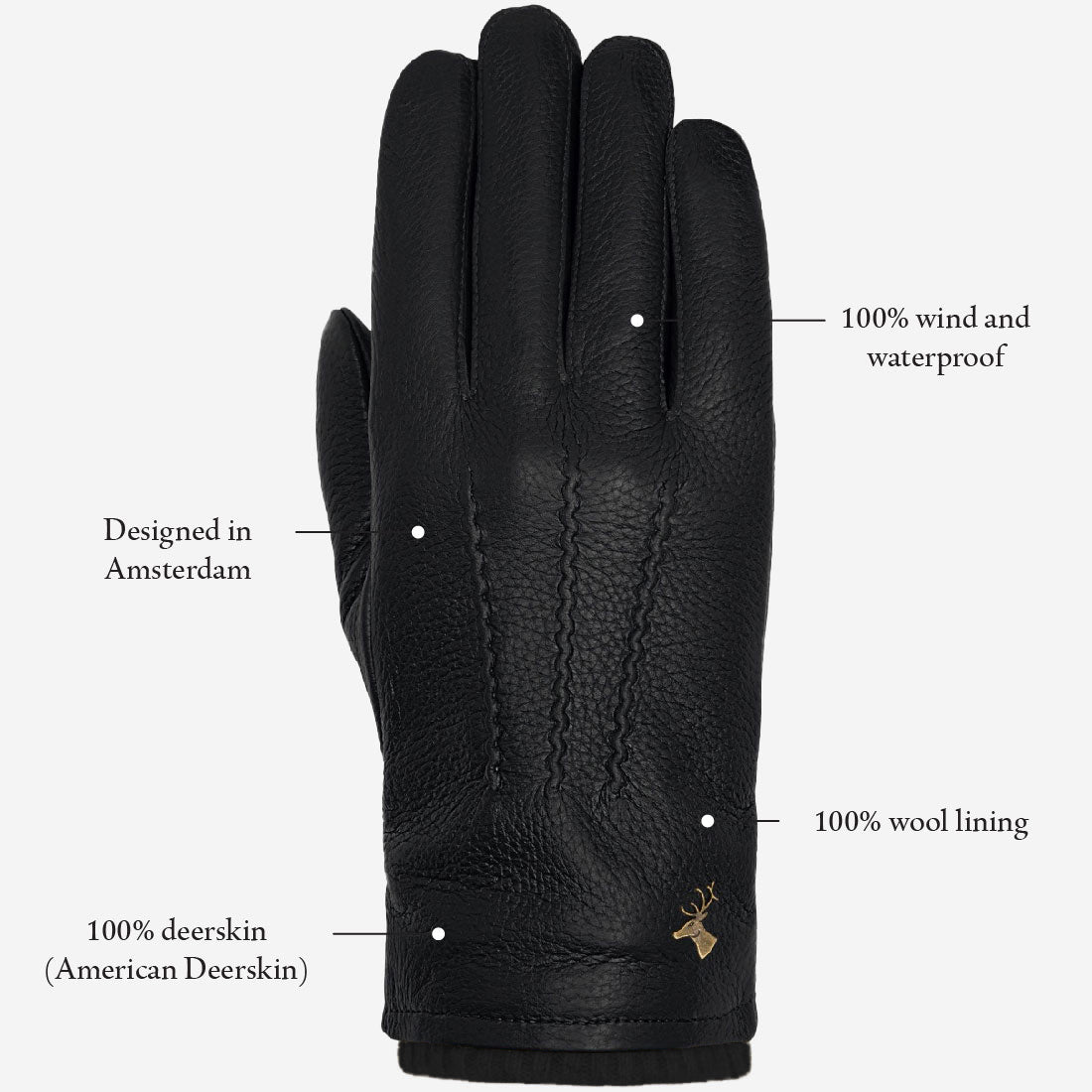 Columbus (black) – deerskin (American deerskin) leather gloves with warm wool lining  - Schwartz & von Halen - EU - 12
