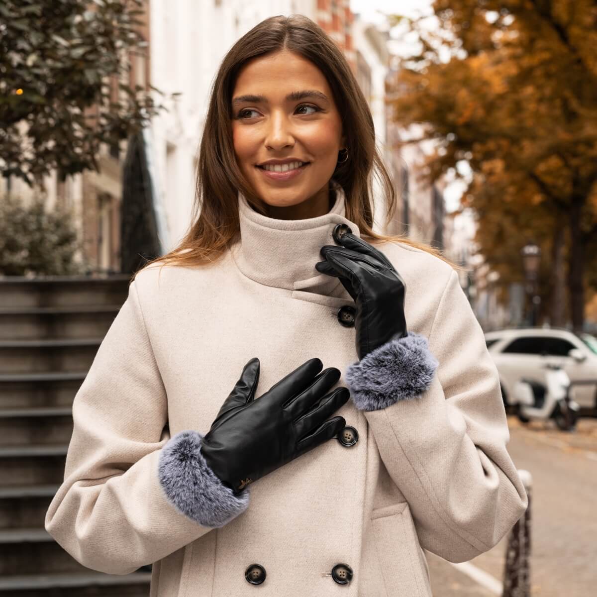 Black Leather Gloves Faux Fur Cuff Women Vera - Schwartz & von Halen® UK - Premium Leather Gloves - 9