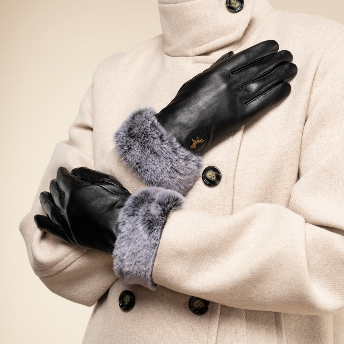 Black Leather Gloves Faux Fur Cuff Women Vera - Schwartz & von Halen® UK - Premium Leather Gloves - 7