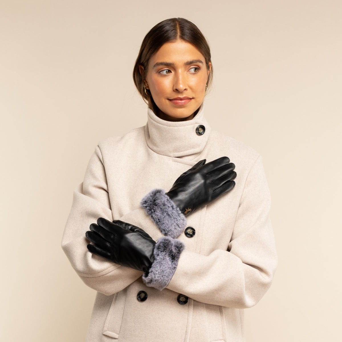 Black Leather Gloves Faux Fur Cuff Women Vera - Schwartz & von Halen® UK - Premium Leather Gloves - 11