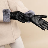 Black Leather Gloves Faux Fur Cuff Women Vera - Schwartz & von Halen® UK - Premium Leather Gloves - 12