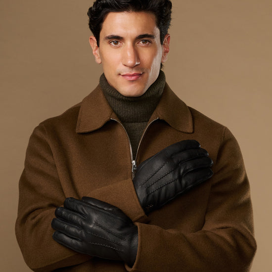 Black goatskin leather gloves with warm fleece lining and press-stud cuff