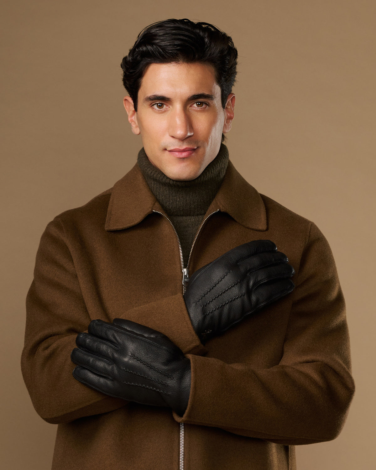 Black goatskin leather gloves with warm fleece lining and press-stud cuff